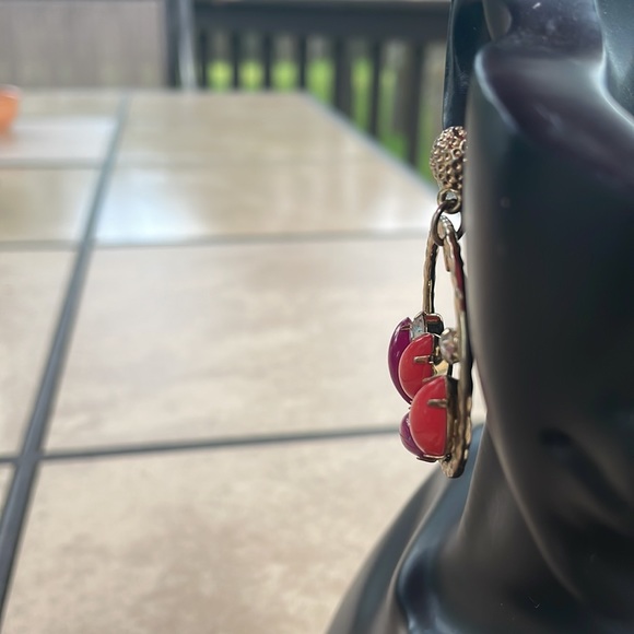 Multi coloured stone drop earrings for pierced ears. Hammered gold top stud - Picture 2 of 3